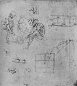 Drei sitzende Figuren und Studien von Maschinen, 1480-1481, 1945