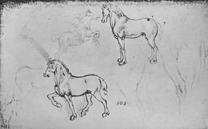 Zwei Studien von Pferden, eine von einem galoppierenden Reiter und andere von Pferdebeinen, ca. 1480, 1945