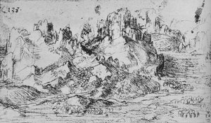 Blick über ein Tal mit Bergen dahinter, ca. 1480, 1945