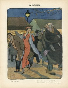 Illustration von Leonce Burret (1865-1915) in Le Smile, Nr. 4, 23/01/13 - Les petites - Nocturne, Prostitution, Papierkasserollen, Stehlampe, Pelz von Leonce Burret