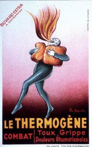 Werbung für thermogenes Watte zur Heilung von Erkältungen, Interkostalschmerzen, Rheuma, Husten, Neuralgie und Hexenschuss. Anfang des 20. Jahrhunderts von Leonetto Cappiello