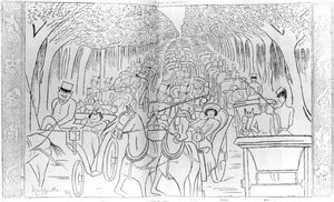 Bühnen-, Musik- und Opernstars der Belle Époque, fahren im Bois de Boulogne, Avenue des Acacias, Paris, humorvolle Karikatur aus der Zeitschrift 
