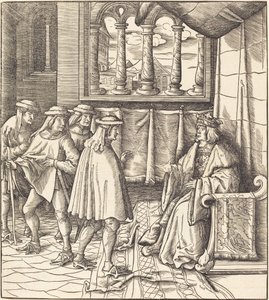 Ein König auf einem Thron, vor ihm vier Männer von Leonhard Beck