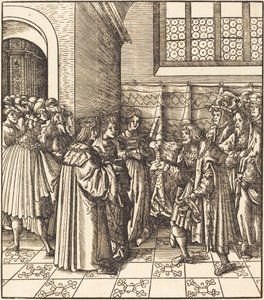Eine Gesandtschaft vor einem König, neben ihm zwei stehende Frauen von Leonhard Beck