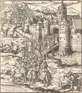 Verschiedene Männer, die auf einer Brücke vor einer Stadt knien