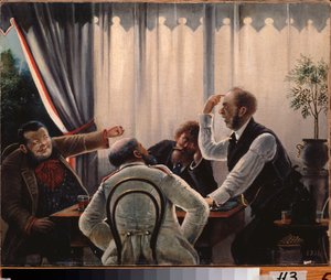 Kartenspiel. (Vier Männer versammelt um einen Spieltisch, zwei von ihnen streiten, die anderen beiden warten geduldig). Gemälde von Leonid Ivanovich Solomatkin (1837-1883) von Leonid Ivanovich Solomatkin
