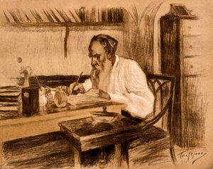 Graf Lew Tolstoi in seinem Arbeitszimmer, 1908 von Leonid Osipovic Pasternak