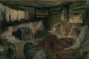 Natascha und der verwundete Prinz Andrei in Mytischtschi. Illustration für den Roman Krieg und Frieden von Leonid Osipovich Pasternak
