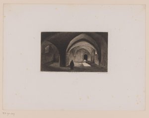 Mönch in einem dunklen Raum mit gewölbter Decke von Leopold Flameng