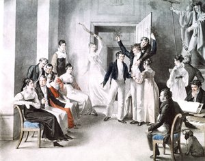 Musikalisches Treffen der Schubertianer. Schubert sitzt auf dem Stuhl rechts. Aquarell von Kupelniesen