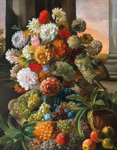 Leopold von Stoll Stillleben mit Blumen und Weintrauben