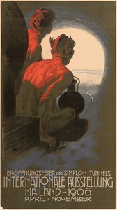 Deutsches Poster, das die Internationale Ausstellung 1906 in Mailand bewirbt, organisiert zur Feier der Eröffnung des transalpinen Simplontunnels von Leopoldo Metlicovitz