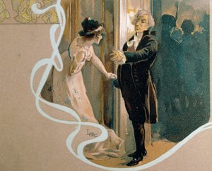Illustrierte Postkarte von Leopoldo Metlicovitz (1868-1944) zeigt Szene aus Tosca, Oper von Giacomo Puccini (1858-1924) von Leopoldo Metlicovitz
