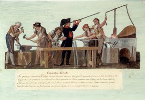Französische Revolution von 1789: „Herstellung von Gewehren“ Die verschiedenen Phasen der Waffenherstellung durch Schmiede. Gouache der Brüder Lesueur von Lesueur Brothers