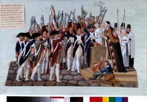 Französische Revolution: der Eid der Bezirke. Nach der Verkündung der Verfassung versammelte sich das Volk auf den öffentlichen Plätzen, die Priester leiteten die Versammlungen. Gouache der Brüder Lesueur (18. Jahrhundert). 1789. Paris, Musée Carnavalet von Lesueur Brothers
