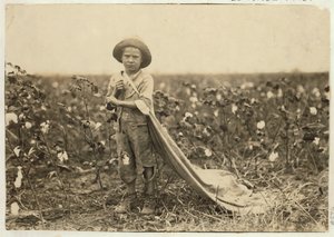 Der 6-jährige Warren Frakes mit etwa 20 Pfund Baumwolle in seinem Sack in Comanche County, Oklahoma, 1916 von Lewis Wickes Hine