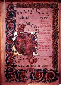 Seite mit Musik und einer verzierten Initiale G, die die Anbetung der Heiligen Drei Könige darstellt, aus einem Antiphonar, ca. 1473-79 von Liberale da Verona