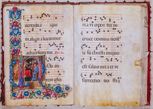 Piccolomini-Bibliothek: Chorbuch, cod. 22.7, ff. 22v-23r mit „Christus vor Pilatus“