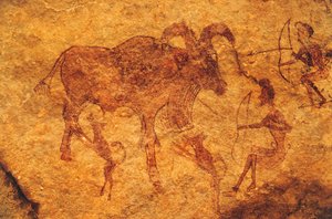 Bogenschützen, Hunde und Huftier, Höhlenmalerei, Tassili n