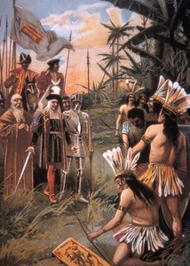Kolumbus landet in der Neuen Welt und trifft die Indianer