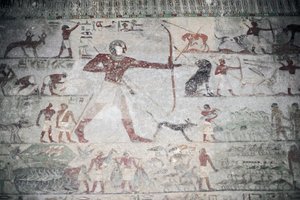 Ägypten, Nekropole von Beni Hasan, Grab von Khnumhotep III., Wandmalerei, Jagdszene darstellend
