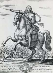 Reiterporträt von Franz von Bourbon-Vendome (1616-1669), zweiter Herzog von Beaufort und französischer General, Gravur von Nicolas de La Fage (1600?-1655)