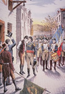 Der französische General Jean Sarrazin küsst den gehängten irischen Rebellen Patrick Walsh von Unbekannt Unbekannt