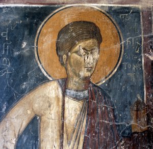 Fresko eines Heiligen in der byzantinischen Kirche Agios Georgios Xifoforos, Apodoulou, Kreta, Griechenland (Foto) von Unbekannt Unbekannt