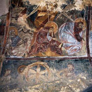 Fresko von Heiligen in der byzantinischen Kirche Agios Georgios Xifoforos, Apodoulou, Kreta, Griechenland (Foto)