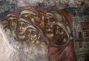 Fresko mit Männergruppe, byzantinische Kirche Ayios Stephanos, Drakona, Kreta, Griechenland von Unbekannt Unbekannt