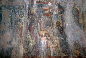 Jesus und die Fußwaschung, Fresko in der byzantinischen Kirche Agios Athanasios, Kefali, Kreta, Griechenland von Unbekannt Unbekannt