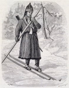 Lars Tuorda, lappländischer Athlet, der 1884 den von Adolf Erick Nordenskjold organisierten Langlaufwettbewerb gewinnt, Tuschezeichnung