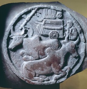 Medallion dekoriert im Relief von der Balustrade der Stupa von Bharhut, buddhistisches Denkmal, Madhya Pradesh, Indien, indische Zivilisation, 2. Jahrhundert v. Chr.
