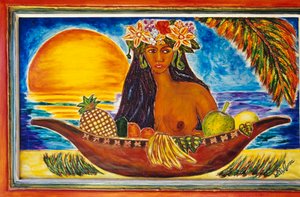 Bemaltes Glas, das eine polynesische Frau darstellt, Insel Moorea, Gesellschaftsinseln, Französisch-Polynesien (Überseegebiet der Französischen Republik), Detail von Unbekannt Unbekannt