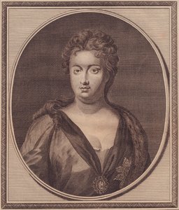 Porträt von Anne Stuart, Königin von Großbritannien (1665-1714), Kupferstich von John Goldar (1729-1795) nach einem Gemälde von G. Kneller
