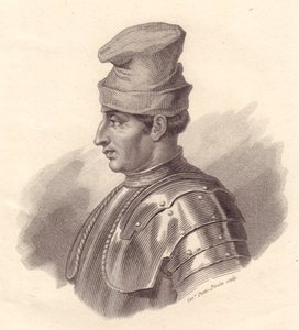 Porträt des italienischen Militärführers Niccolo Fortebraccio, auch bekannt als della Stella (1389-1435), Kupferstich von Caterina Piotti-Pirola
