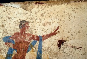 Prozession mit Athlet, Detail, Fresko aus dem Grab des Tauchers, Paestum, Kampanien, Italien, antike griechische Zivilisation, Magna Graecia, 3. Jahrhundert v. Chr. (Foto)