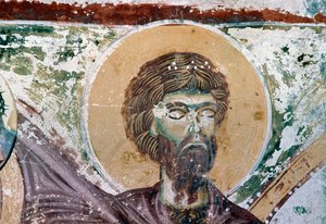Heiliger, Detail aus Fresko in der Kirche Agios Georgios, Mourne, Kreta, Griechenland