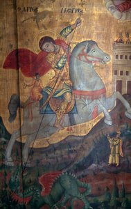 St. Georg und der Drache, Detail des Holzpaneels in der Kirche Agia Paraskevi, Anisaraki, Kreta, Griechenland (Detail)