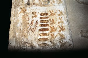 Wandmalerei, die eine Szene der Bienenzucht darstellt, auf einer Säule des Hypäthralhofs, aus dem Grab von Pabasa, Asasif (Foto)