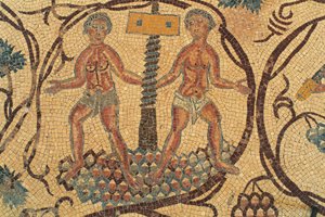 Weinpresse, Detail des Bodenmosaiks mit Alltagsszenen, Kirche der Heiligen Lot und Prokopius, Nebo, Khirbet al-Mukhayyat, Jordanien, byzantinische Zivilisation, 6. Jahrhundert n. Chr.