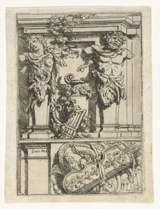 Zwei Karyatiden, eine Panflöte, Pfeil und Bogen und ein Schild von Lieven Mehus