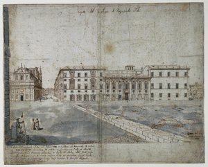 Achtzehn Ansichten von Rom: Das Collegio di Propaganda Fide recto, 1665 von Lievin Cruyl