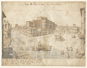 Achtzehn Ansichten von Rom: Die Piazza Barberini (recto) von Lievin Cruyl