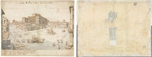 Achtzehn Ansichten von Rom: Die Piazza Barberini (recto); Abzeichnung eines Brunnens von Recto und Skizzen von zwei Gesichtern (verso)