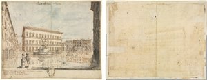 Achtzehn Ansichten von Rom: Die Piazza Farnese (recto); Kartusche (verso)