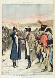 Napoleon Bonaparte (1769-1821) verleiht der weiblichen Offizierin Marie Schellinck eine Medaille auf dem Schlachtfeld, Illustration aus 