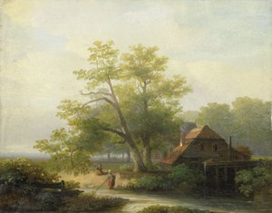 Wassermühle in einer waldigen Landschaft von Lodewijk Hendrik Arends