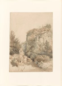Bewachsenes Tal mit hohem Felsen und einem Bach von Lodewijk Johannes Kleijn