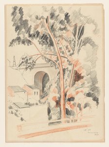 Häuser und Bäume unter einem Viadukt in Remouchamps von Lodewijk Schelfhout (signed by artist)